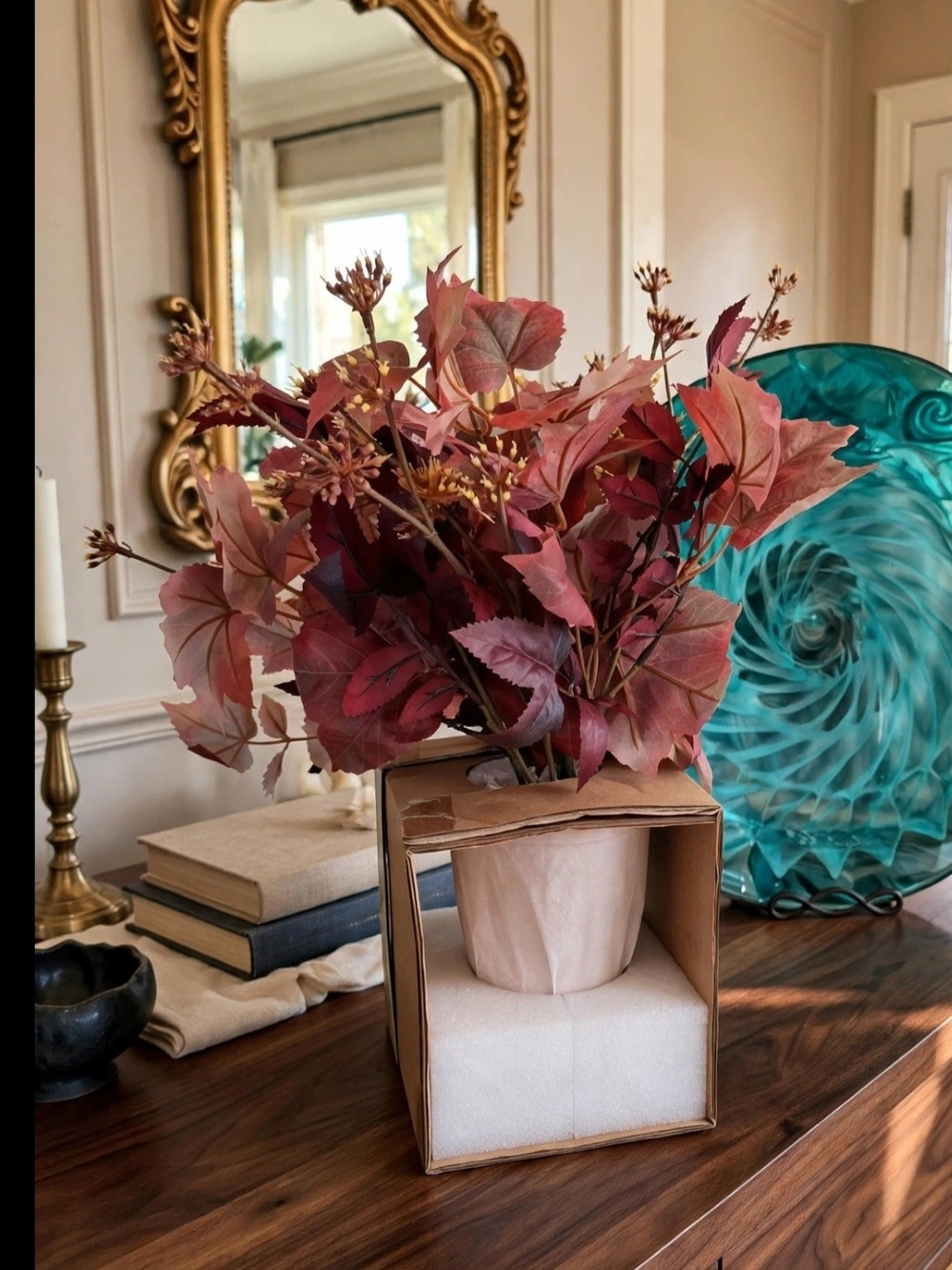 Home Essentials Burgundy Faux Leaf Bouquet in Ceramic Pot